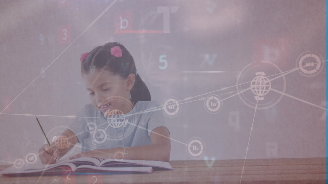 카우카시안 소녀 글쓰기에 대한 데이터 처리의 애니메이션