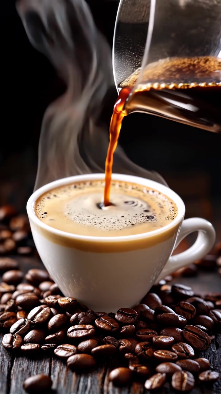 Dampfender heißer Kaffee wird in eine weiße Tasse gegossen, umgeben von Bohnen