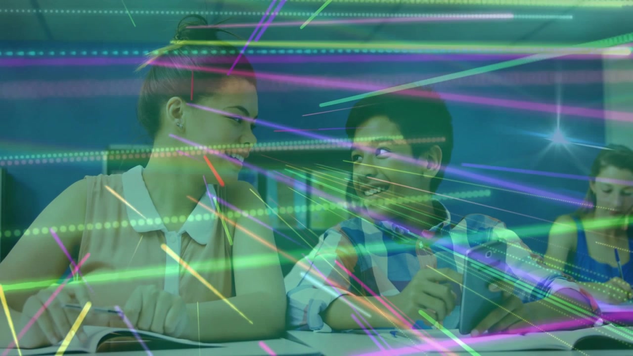 Female leaning in, male showing smartphone, laughing, neon overlay pulsing over pair in classroom
