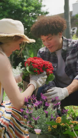 video vertical de una pareja feliz y diversa trabajando en el jardín en un día soleado