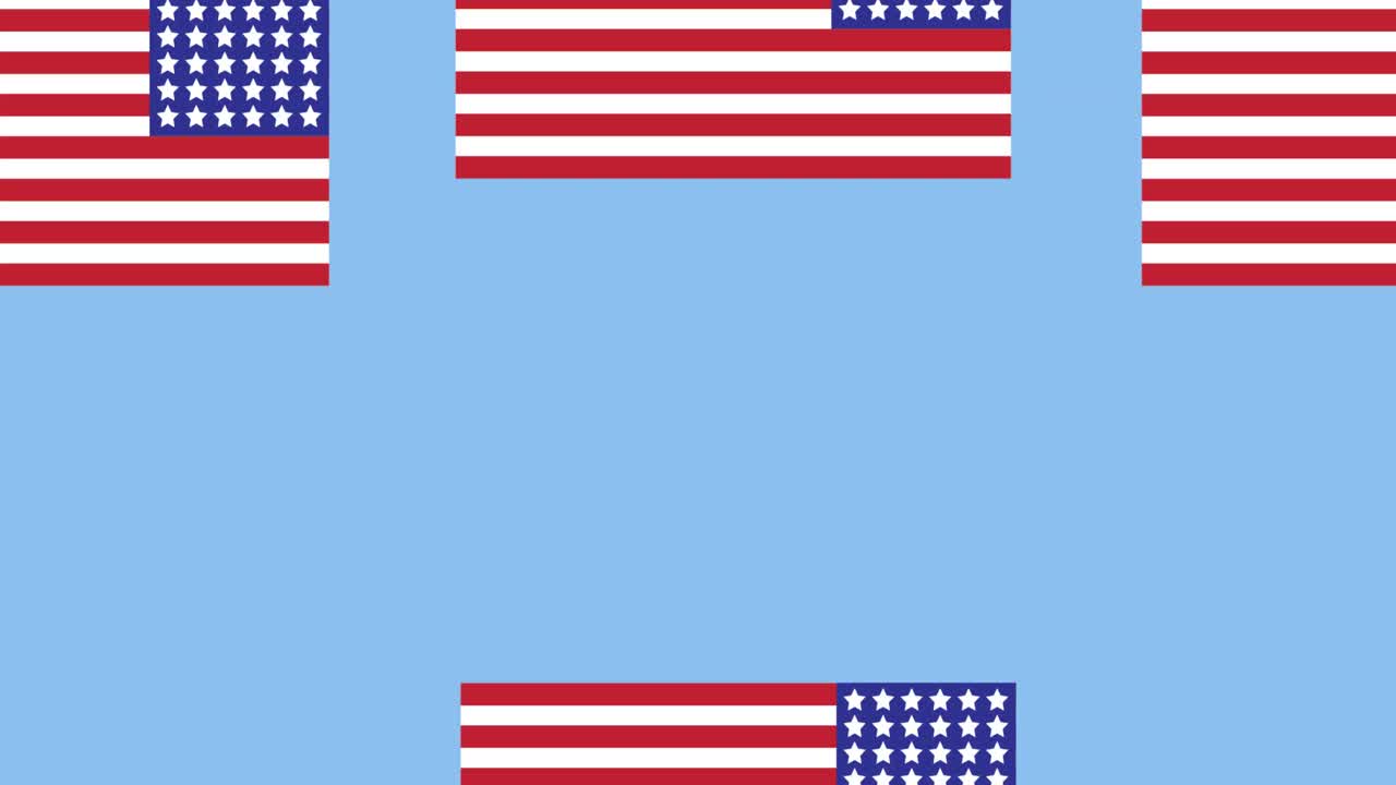 Animation of american flags moving over blue background