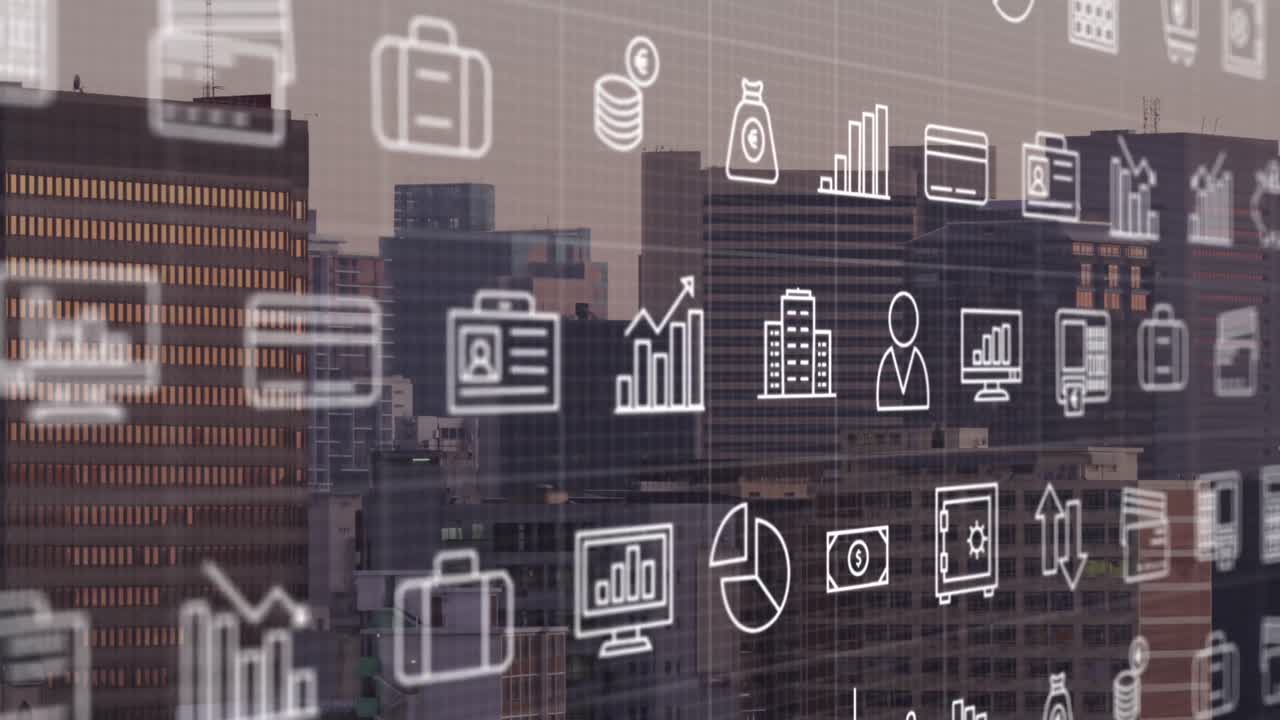 animación de iconos financieros y procesamiento de datos en el paisaje urbano.