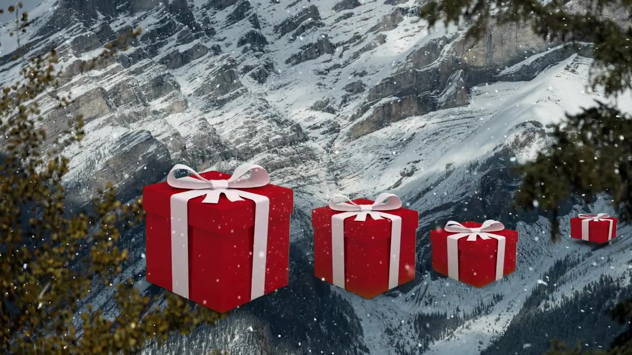 Animation af julegaver over vinterbjerglandskab.