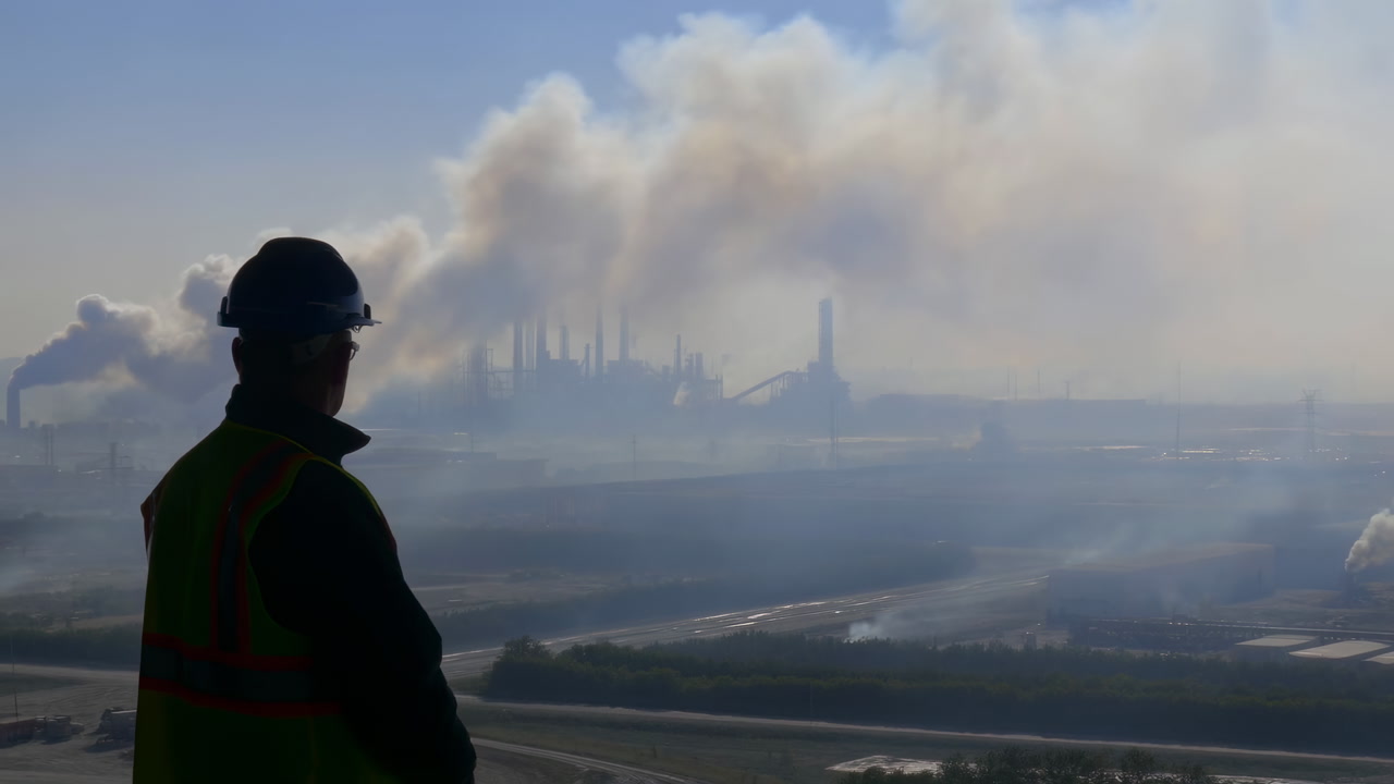 Engineer Overlooking Refinery Heavy Smoke Rising Across Horizon, Silhouetted Inspector Wearing Hardhat
