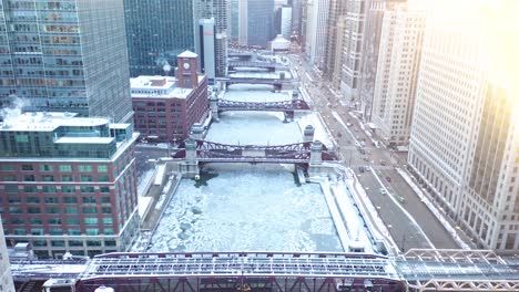 aerial footage of frozen chicago river during 2019 polar vortex