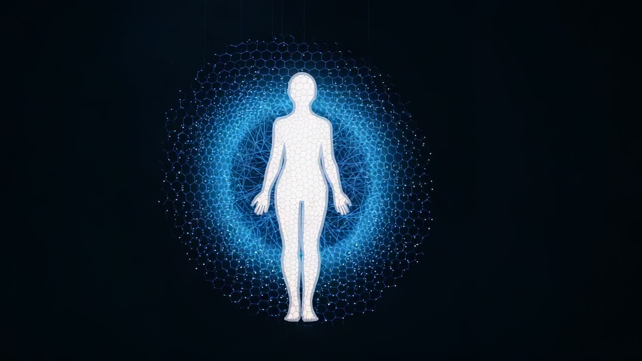 Figura branca cintilante brilhando enquanto um halo azul se forma no vazio escuro, com malha hexagonal, nós de partículas