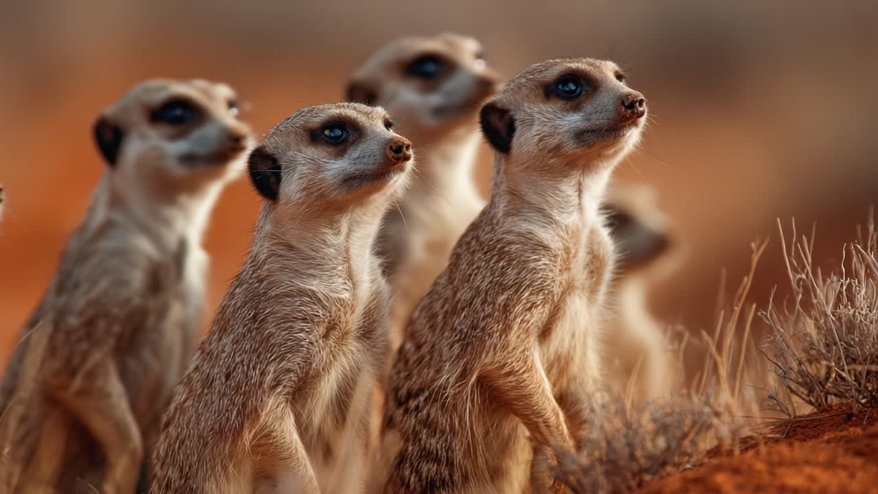 A Group of Meerkats Observing Their Surroundings in the Desert, Capturing a Moment of Vigilance and Curiosity in Their Habitat