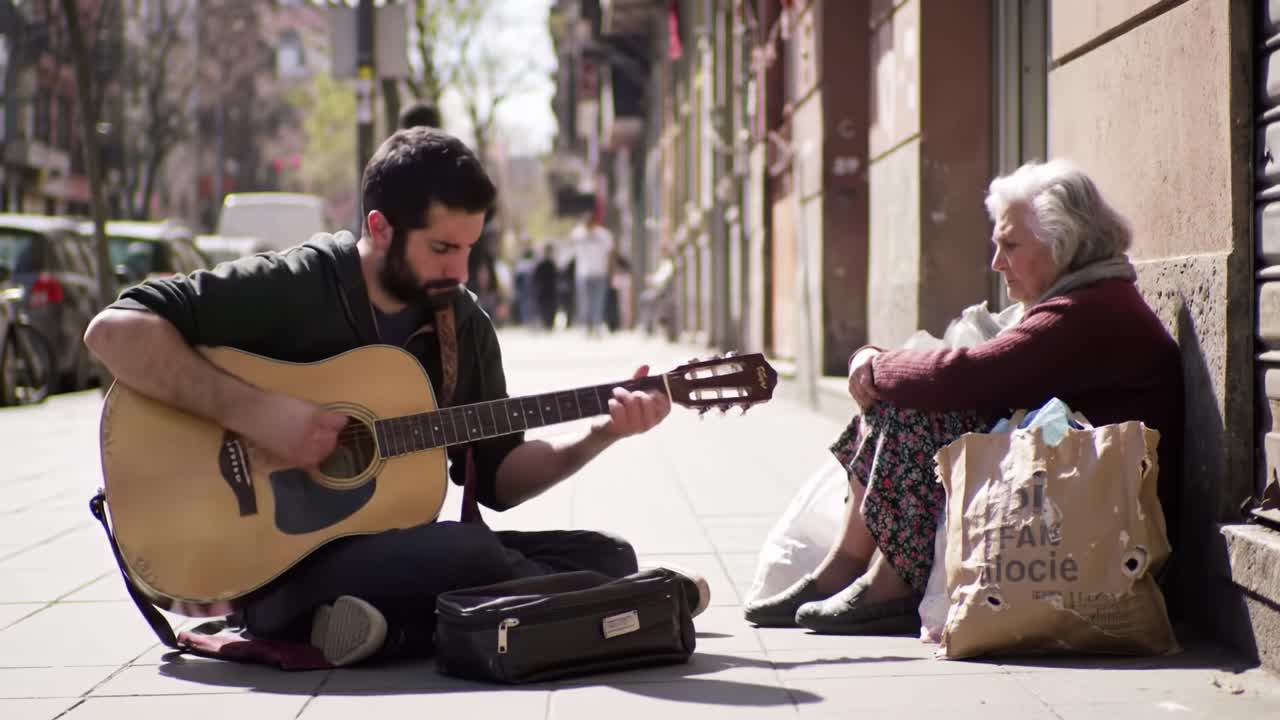 A Soulful Street Performance: Guitarist Moves Passersby with Melodic Strums While Connected with a Bystander, Evoking Emotions in a Bustling Urban Setting
