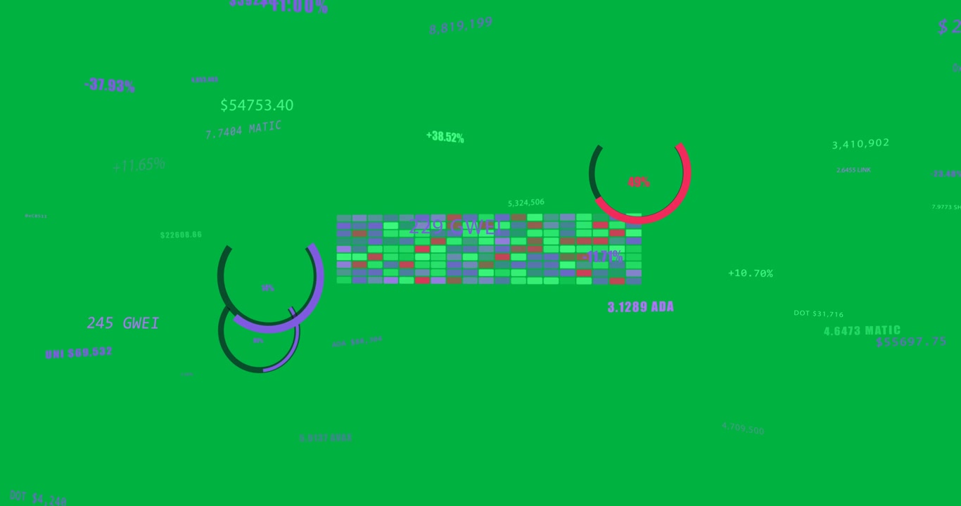 Crypto UI loading growing heatmap filling gauges adding labels showing prices on transparent bg