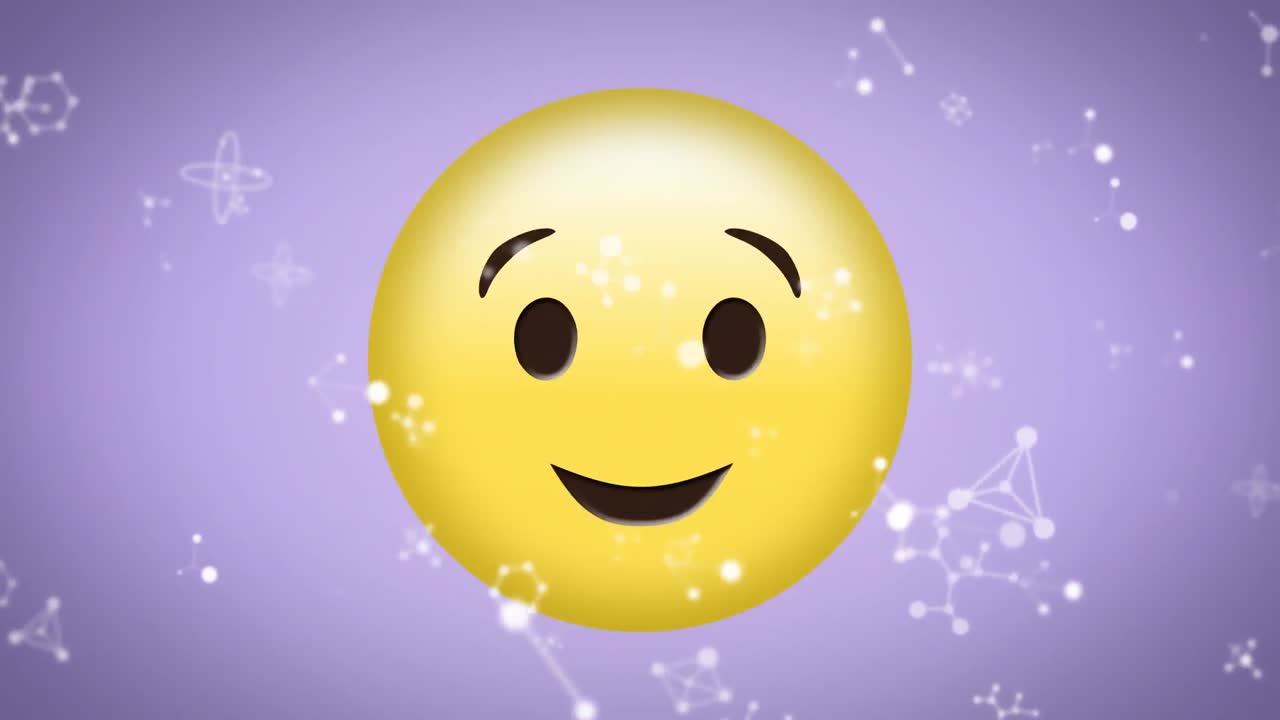 animación de redes blancas flotando sobre emoji felices y parpadeantes sobre un fondo púrpura pálido