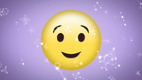 Animation-of-white-networks-floating-over-happy,-winking-emoji-on-pale-purple-background
