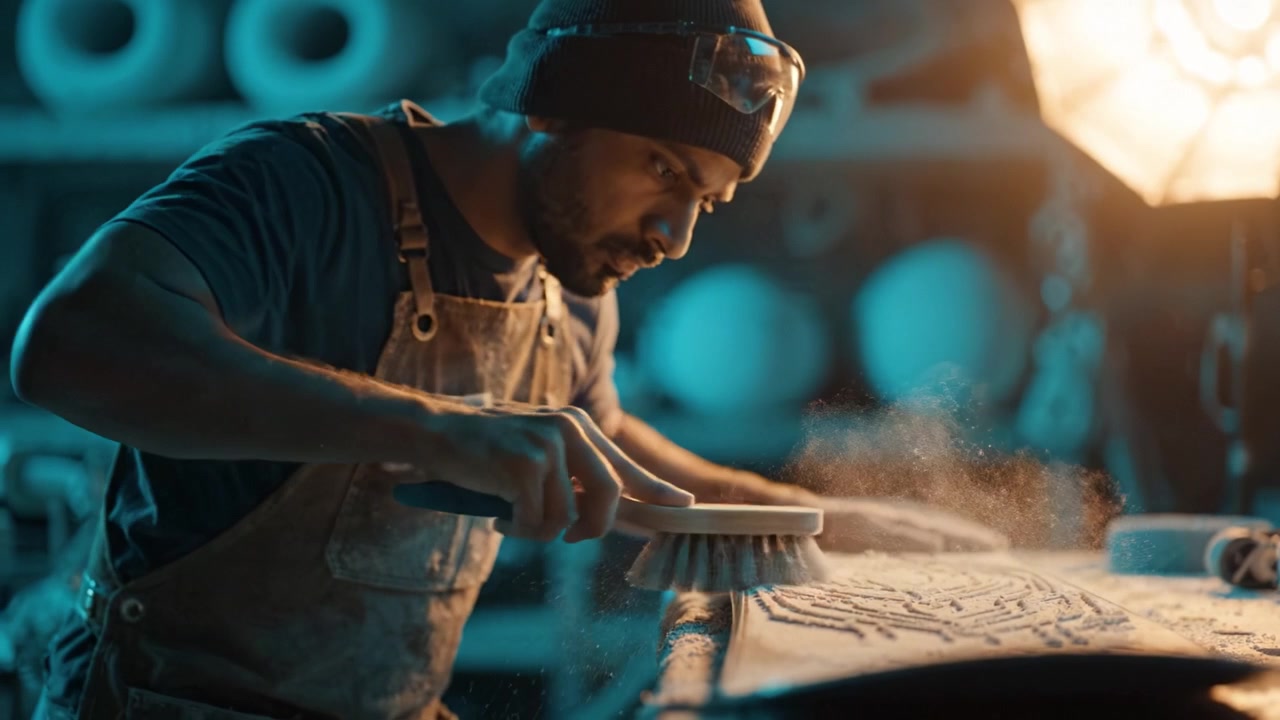 Craftsman Concentrating on Detailed Woodwork Finishing Process in a Workshop, Utilizing a Brush to Achieve Smooth Finishes and Remove Excess Material Under Dim Lighting