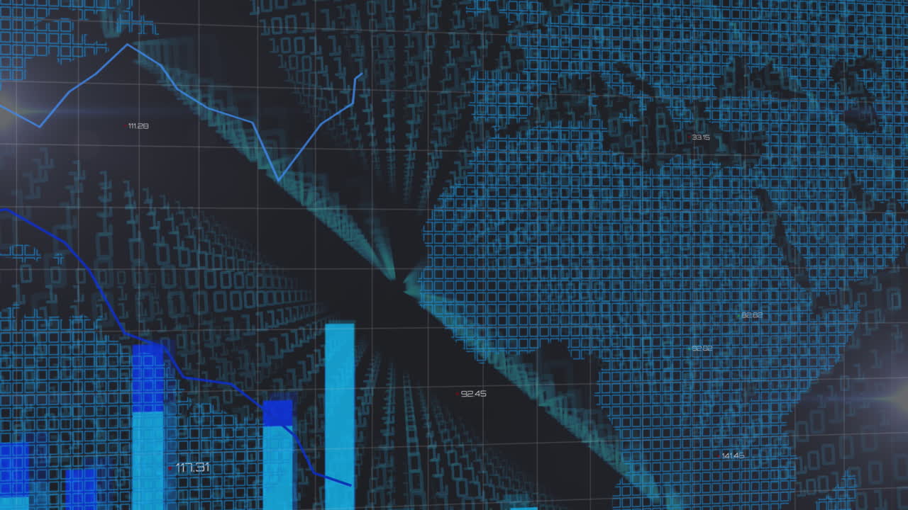 Animation of statistics and lines recording over world map and numbers changing