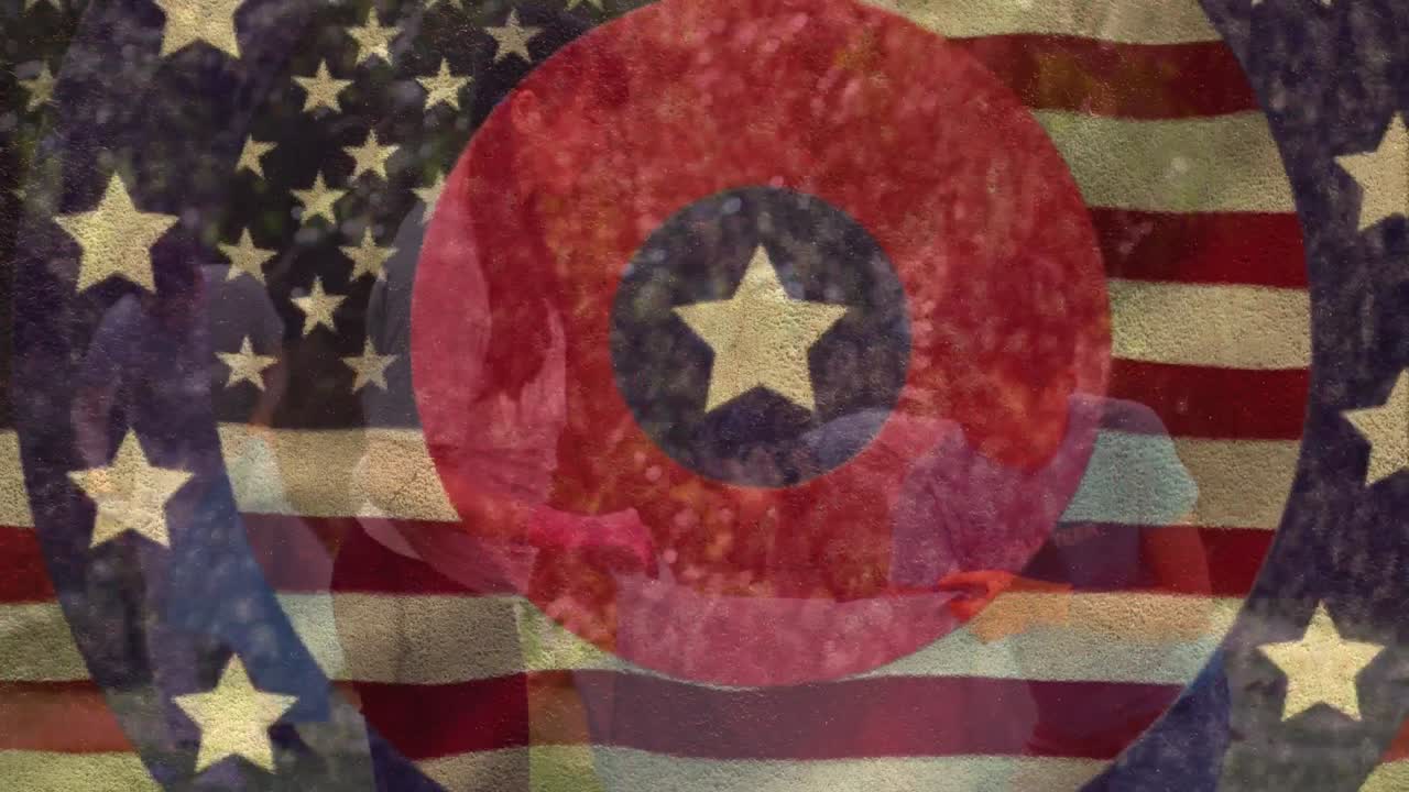 아시아 가족 위에 미국  ⁇ 발이 있는 원의 애니메이션