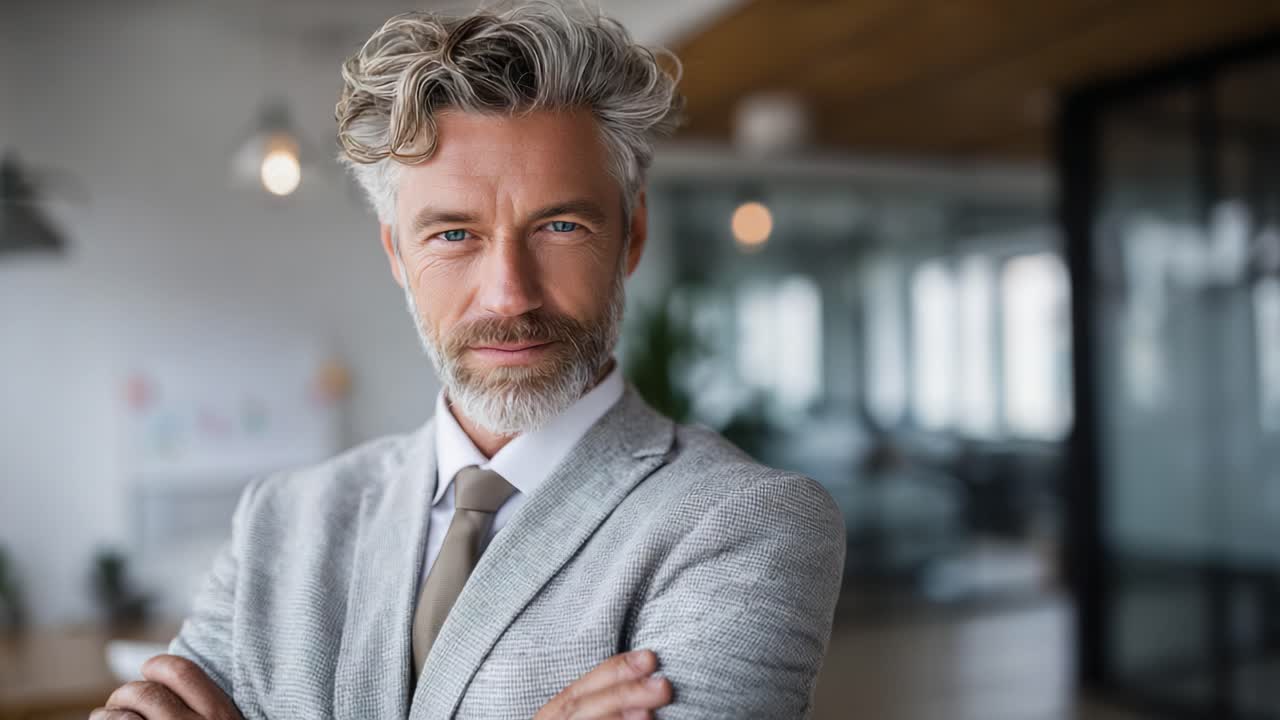 En selvsikker og karismatisk forretningsmand med stilfuldt gråt hår og et velsiddende jakkesæt udstråler en professionel fremtoning i et moderne kontormiljø og emmer af charme og lederskab
