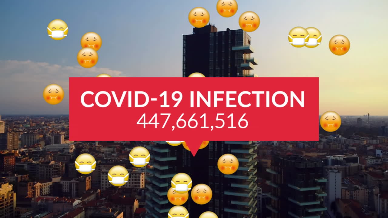 animación del texto de la infección por covid-19 con números crecientes y emojis sobre la ciudad al atardecer