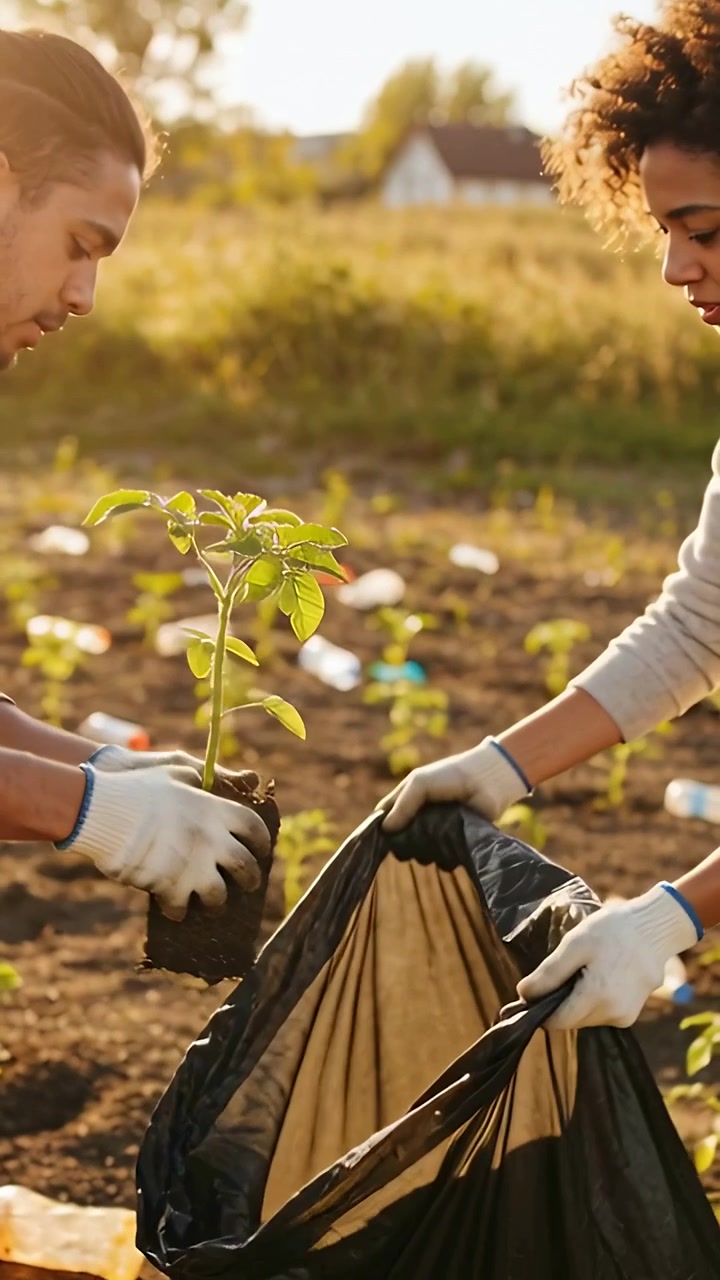 Video vertical: Levantando un brote, una pareja con guantes planta en un vertedero, colocando las raíces en una bolsa para su restauración.