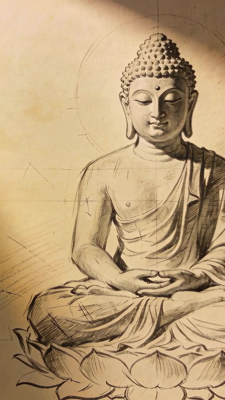Video verticale: Telecamera che si allontana rivelando uno schizzo di Buddha su una parete beige calda, esponendo la base a forma di loto.