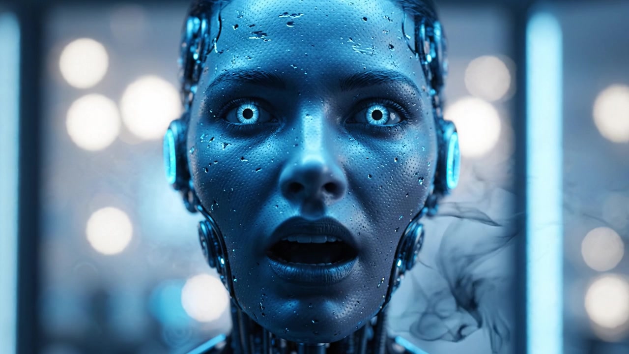 Un robot futuristico con occhi espressivi e caratteristiche realistiche catturato in due fotogrammi chiave, che mostra la fusione di emozione e tecnologia in un ambiente fantascientifico.