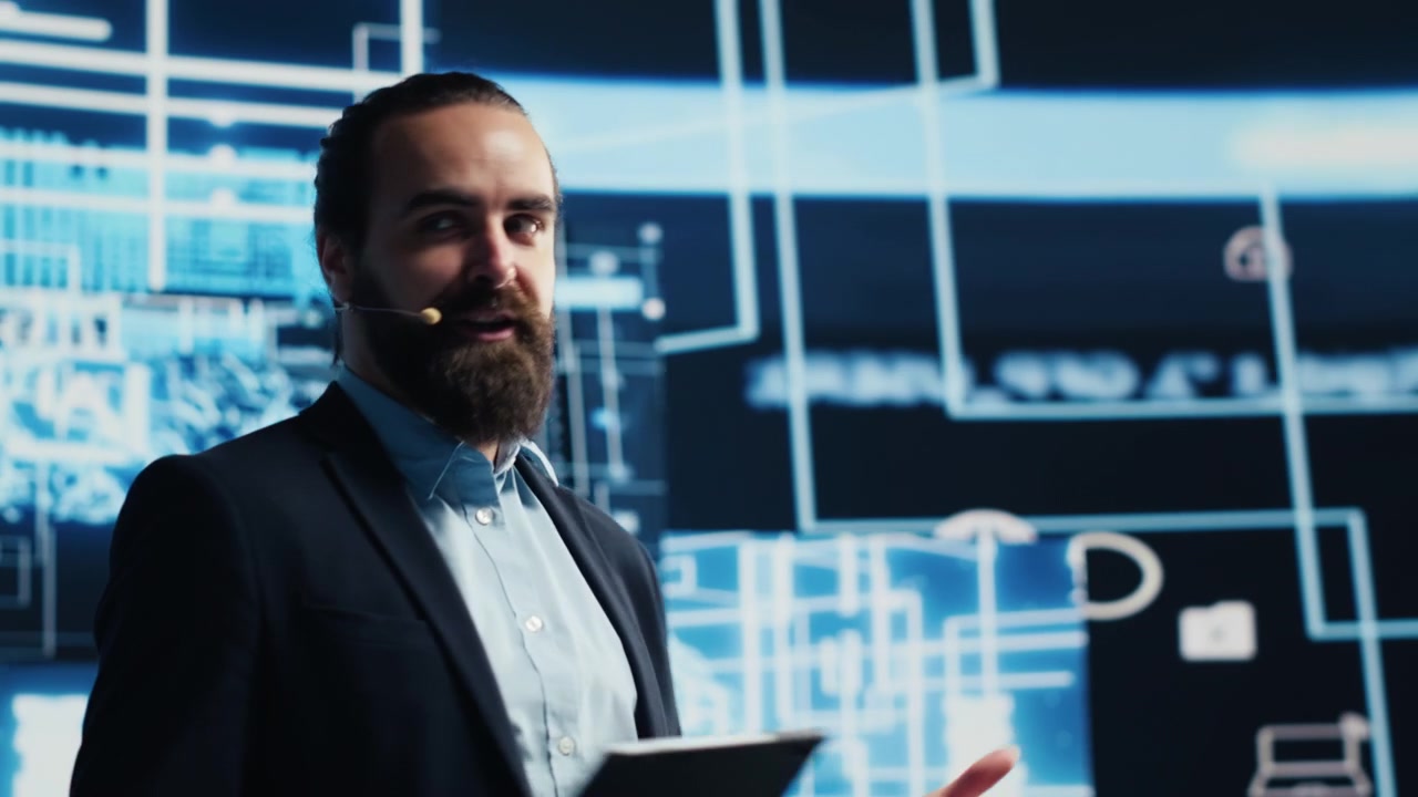 Entrepreneur demonstrates business AI during live conference