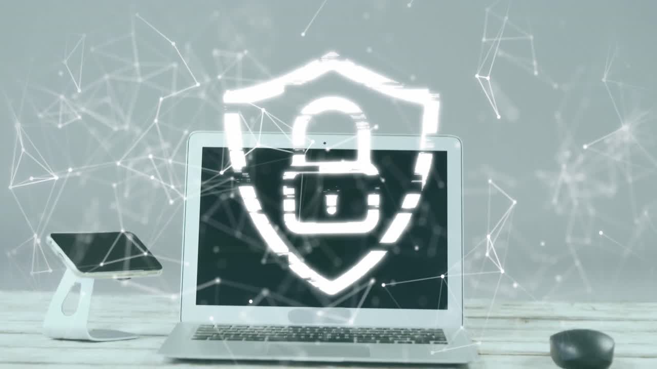 animación del candado y la red de conexiones a través de la computadora portátil