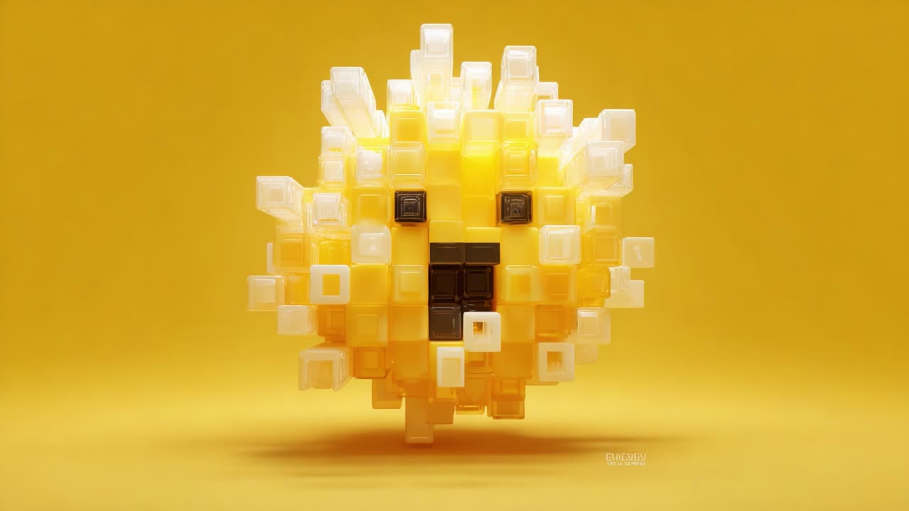 A Vibrant 3D Sculpture of a Playful Sun Character, Composed of Colorful Cubes in Yellow and White, Set Against a Bright Yellow Background, Perfect for Creative Digital Art Inspiration