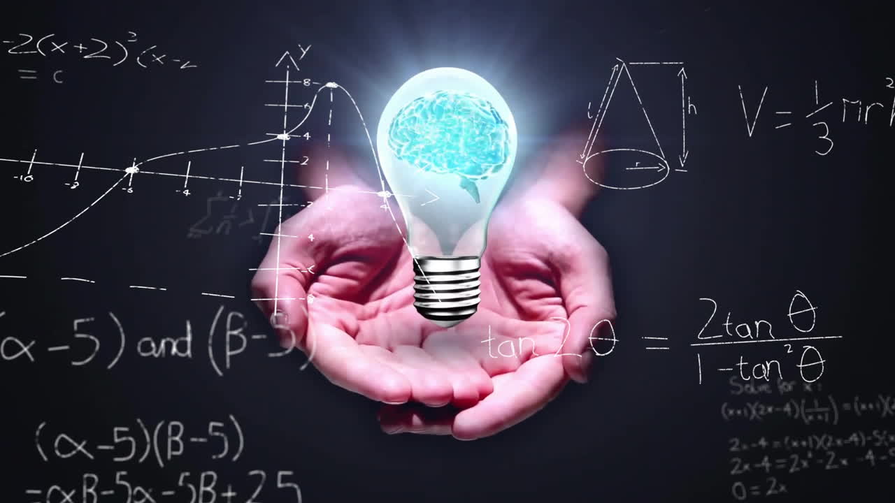 Animation of light bulb with brain over woman's hands and mathematical data processing