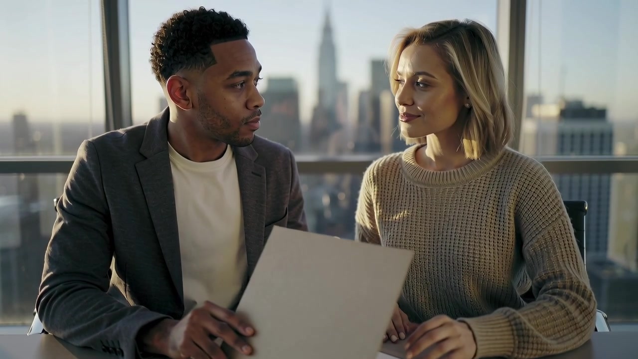 Adjusting hand, man in blazer lifting laptop, showing woman in sweater at highrise office, phone