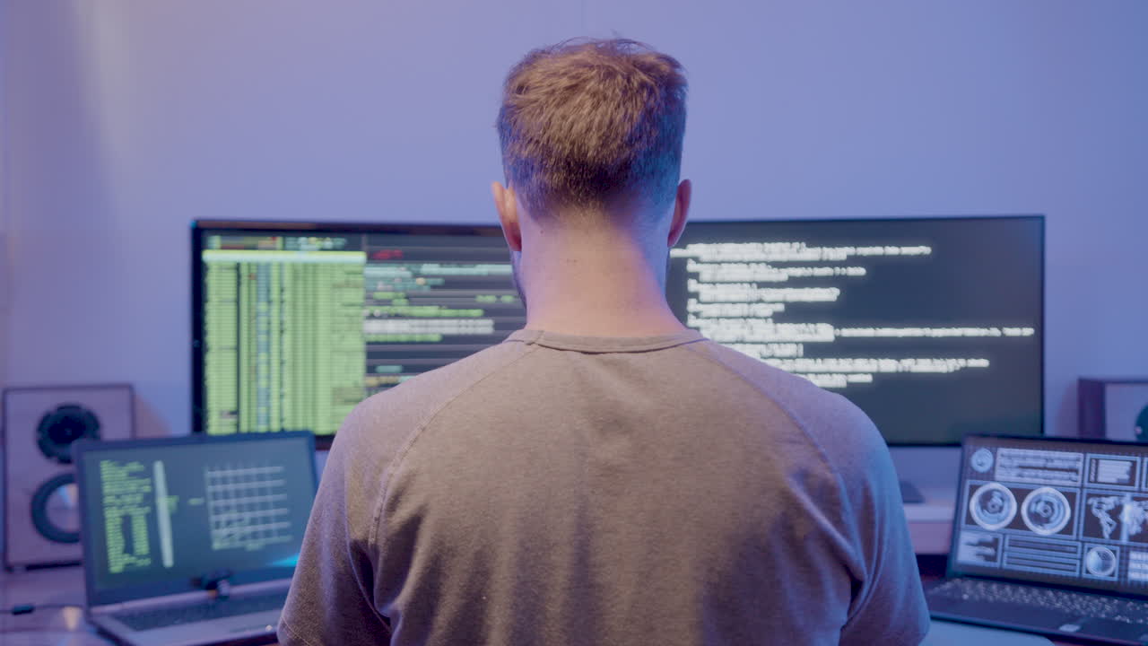 A man at work , using multiple monitors showing graphs, debug windows, source code