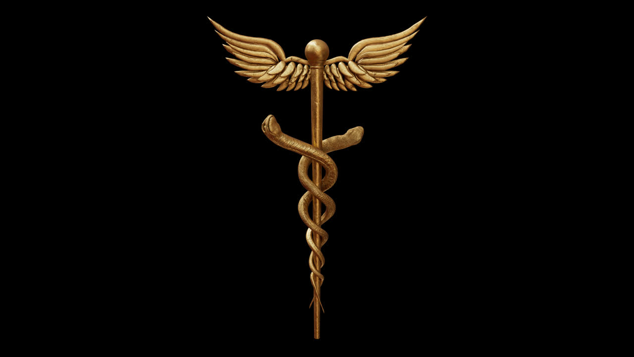 Simbolo medico del caduceo dorato animato che prende forma su sfondo nero