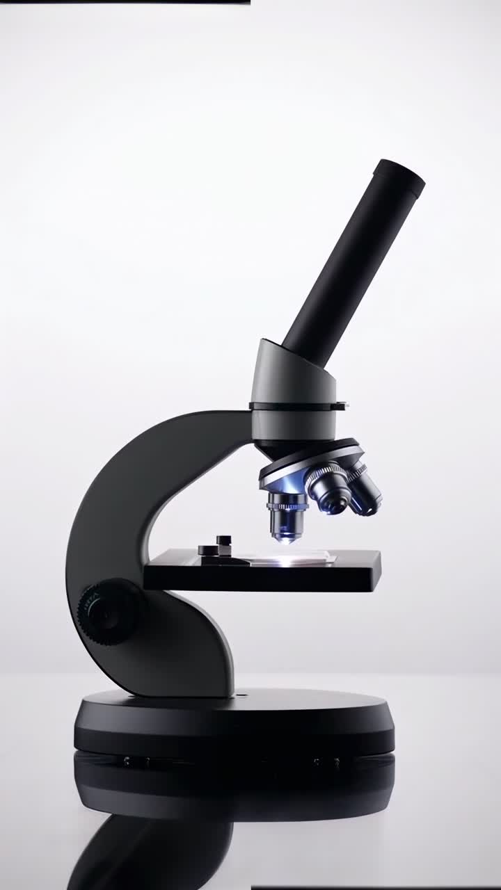Sleek microscope in side view, studio lighting. Ideal for a science video backdrop