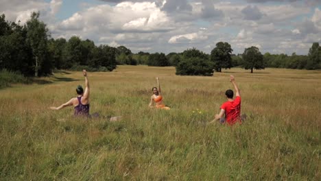 woman yoga teacher sitting in long grass field raising arms and side bend teaching yoga to man and woman. day time sunny, hertfordshire uk wide shot