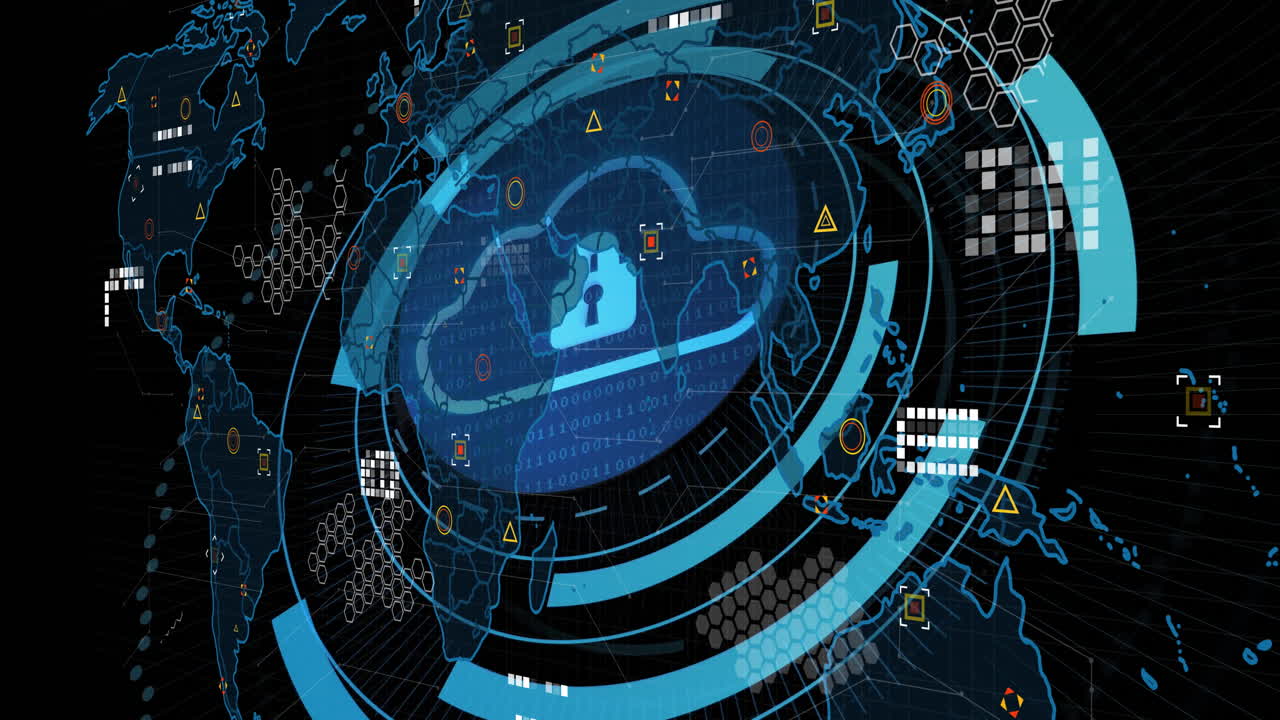 Animation of futuristic digital interface with world map and geometric patterns