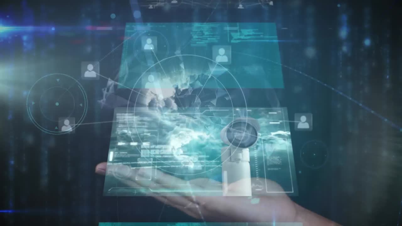 animación de la red de conexiones sobre el procesamiento de datos en pantallas y mano