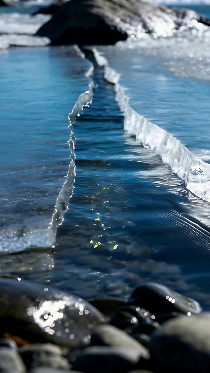 Video verticale: Stretto canale che scorre, inviando increspature dalla riva lontana verso la telecamera.