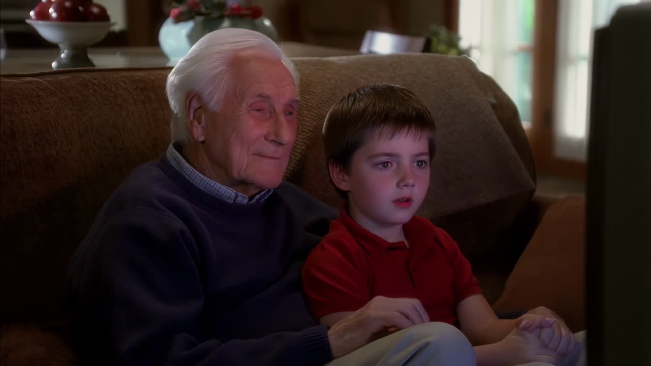 Grandfather and grandson watching TV on a couch