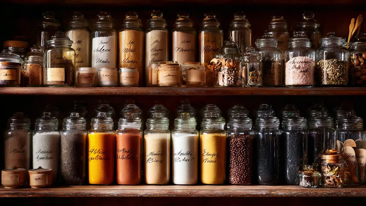 A Beautiful Collection of Spices and Ingredients in Glass Jars Organized on Shelves, Showcasing the Rich Colors and Textures of Natural Culinary Essentials