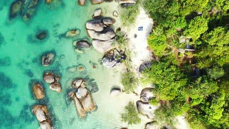 sandy beach with granite rocks and palm trees