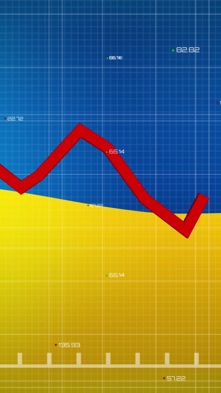 Animazione di dati finanziari e grafico sulla bandiera dell'Ucraina
