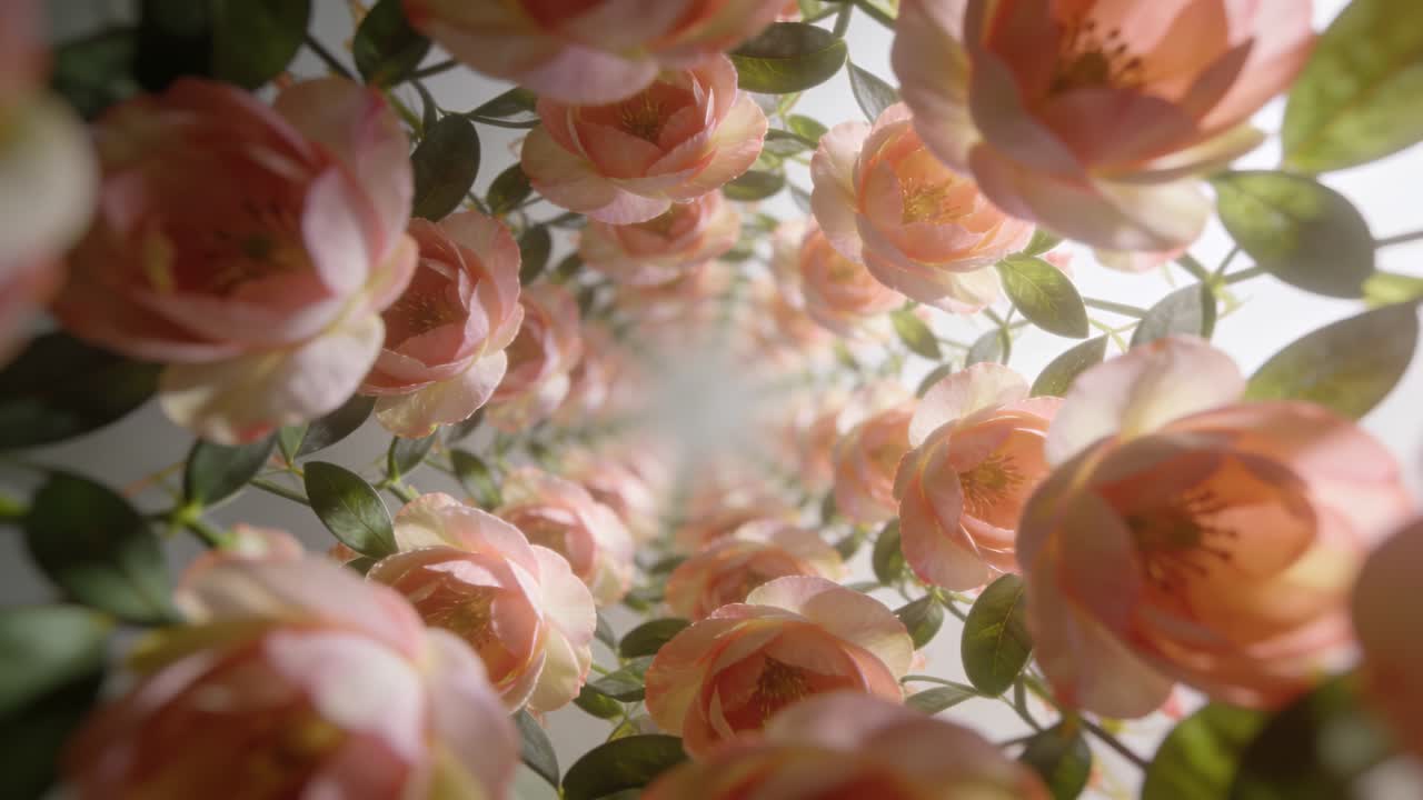 Telecamera che avanza in un tunnel da studio di rose camelia rosa, con foglie verdi che ne accentuano la profondità e il bagliore.