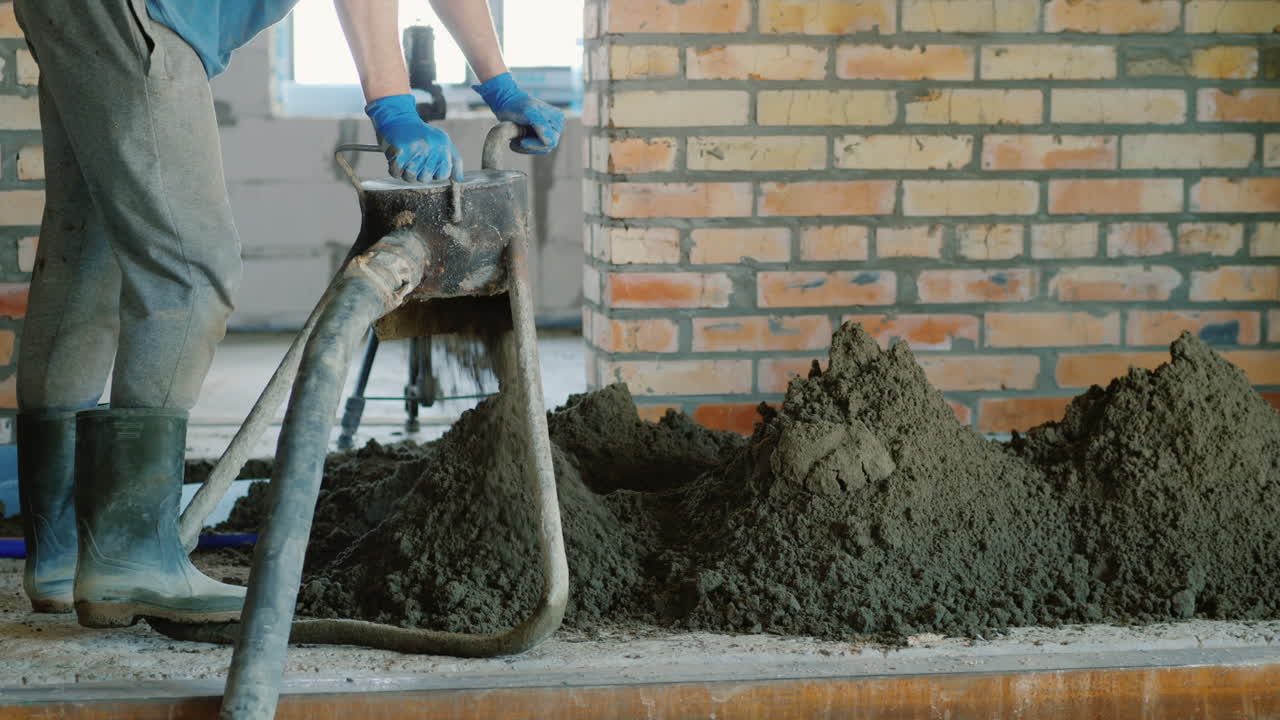 건축업자는 바닥 마감을 위해 반건조 박격포를 놓는다