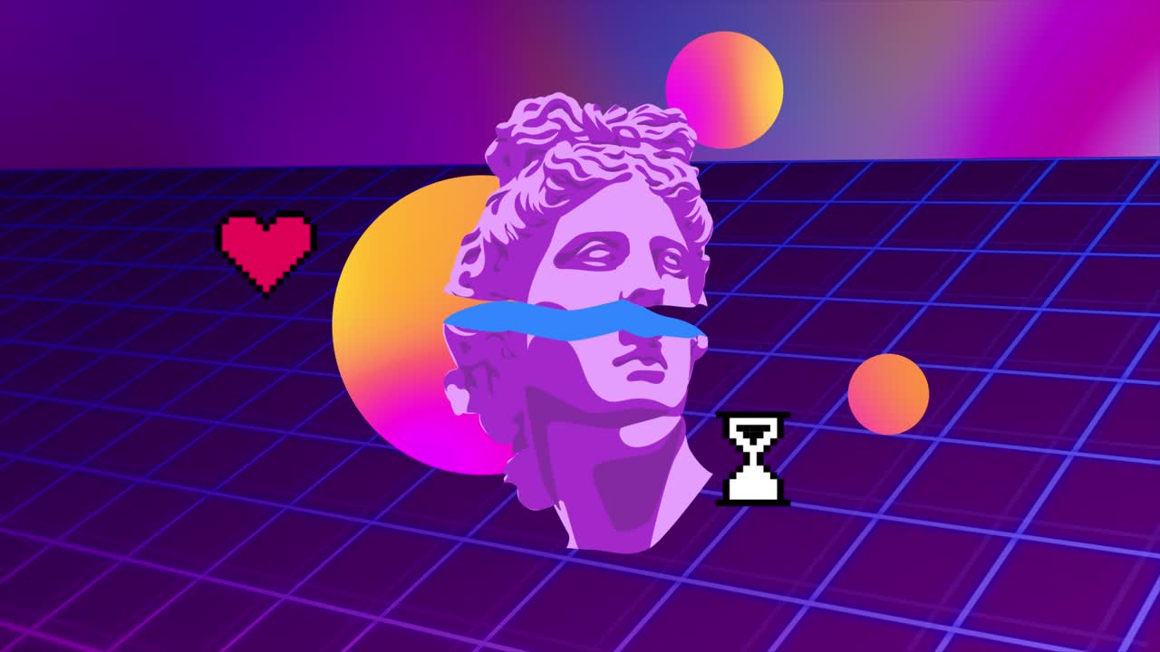 Rete wireframe astratta synthwave. Testa di Apollo. Stile anni '80, sfondo retro-futurismo. Intro VHS. Stile cyberpunk. Paesaggio all'orizzonte, luci al neon, cuore pixelato. Loop continuo vintage in 4K. Vaporwave.