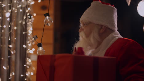 Portrait-of-a-real-Santa-Claus-with-glasses-and-a-beard-on-the-outdoor-comes-to-the-window-of-the-house-with-a-gift-on-the-night-before-Christmas-and-looks-inside.-Santa-brings-a-gift