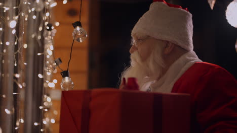 portrait of a real santa claus with glasses and a beard on the outdoor comes to the window of the house with a gift on the night before christmas and looks inside. santa brings a gift