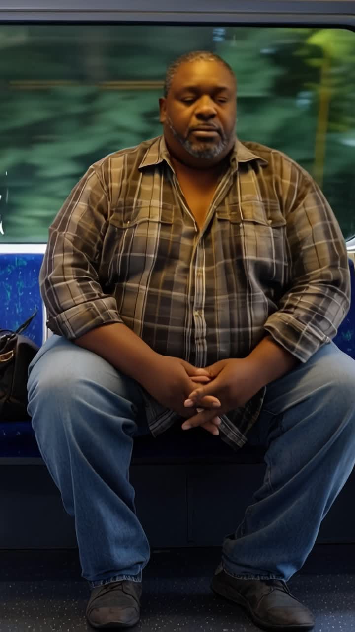 Uomo siede tranquillamente su un sedile di un mezzo di trasporto. Indossa una camicia a quadri e jeans blu. La sua espressione è neutra e pensierosa. Le mani riposano delicatamente sulle sue cosce