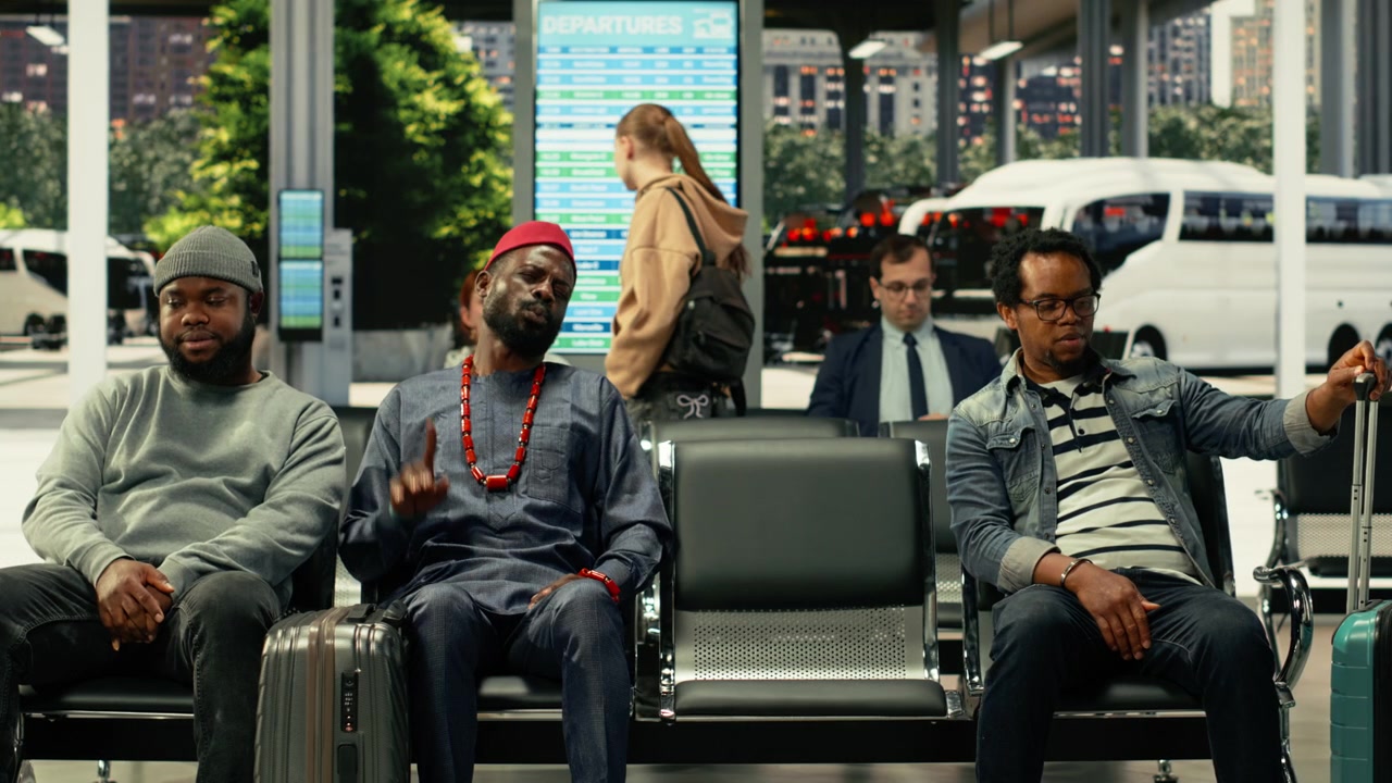 Pria Afrika-Amerika bepergian sendirian di terminal bus yang ramai