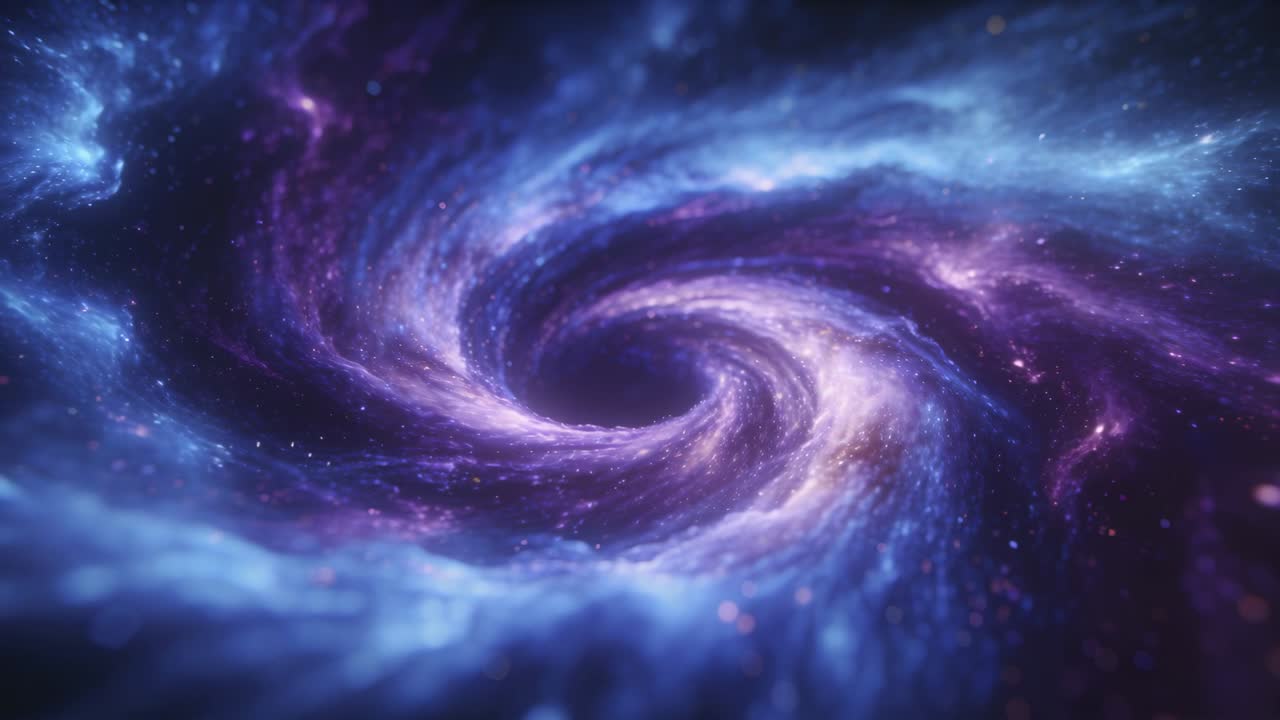 Rotating central spiral vortex revealing core glow in deep space, with dark void and star points