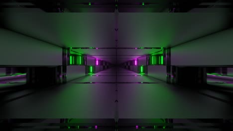 ciencia ficción de gráficos en movimiento: moviéndose dentro de un corredor futurista rectangular púrpura, verde y negro corredor interior liso y pasillo