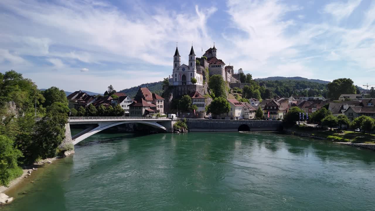 Aare river Switzerland aerial drone Aarau church Aarburg medieval castle view on hilltop