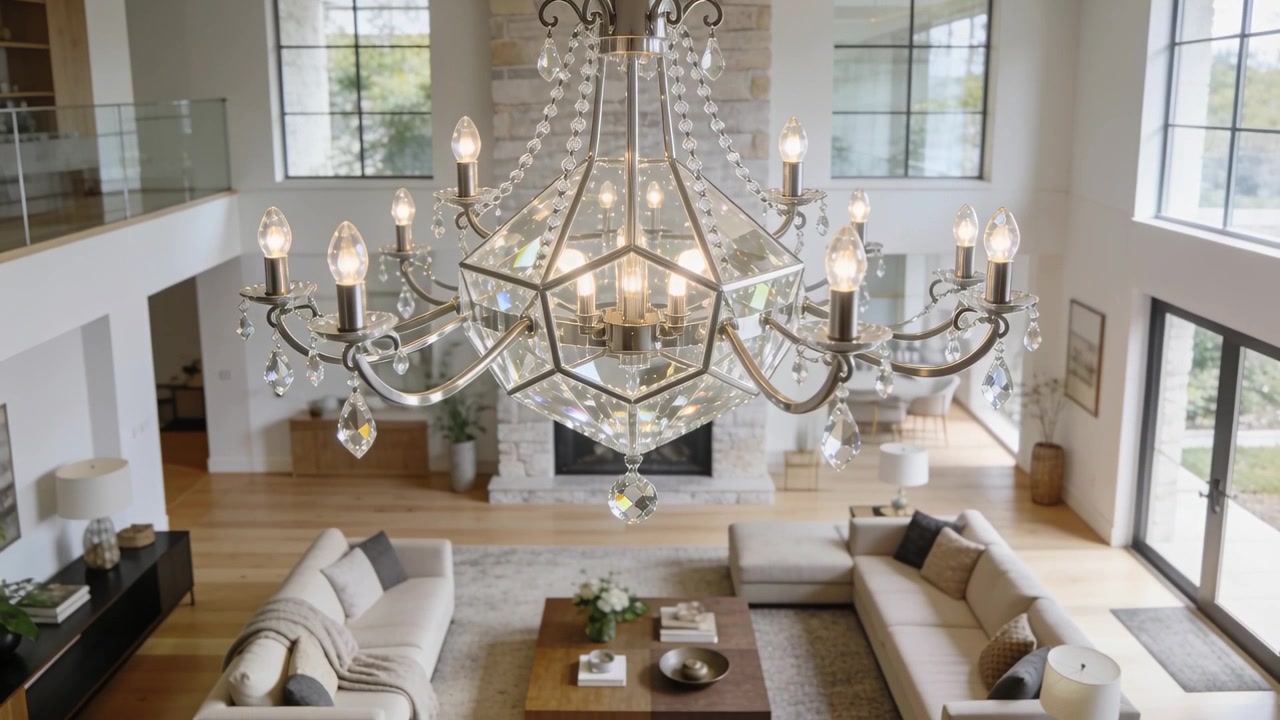 Pulling back, camera showing crystal chandelier over seating in two-story room, highlighting prisms
